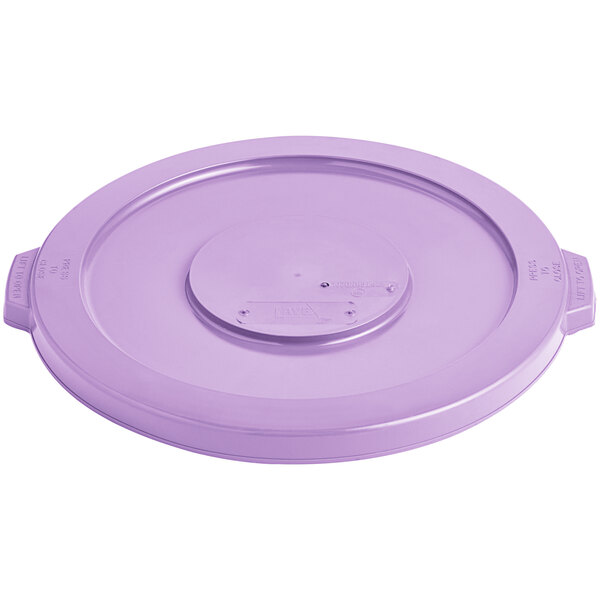 A purple plastic lid for a round commercial trash can.