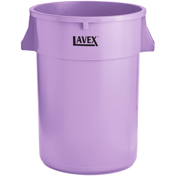 A purple Lavex plastic trash can with handles and a lid.
