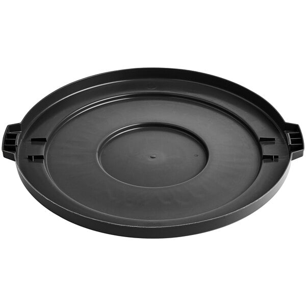 A black round Lavex commercial trash can lid with a handle.