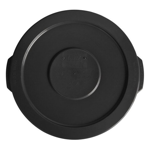 A black plastic lid for a Lavex commercial trash can.