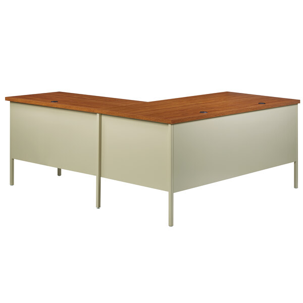 A Hirsh Industries right corner pedestal desk with a wooden top and two drawers.