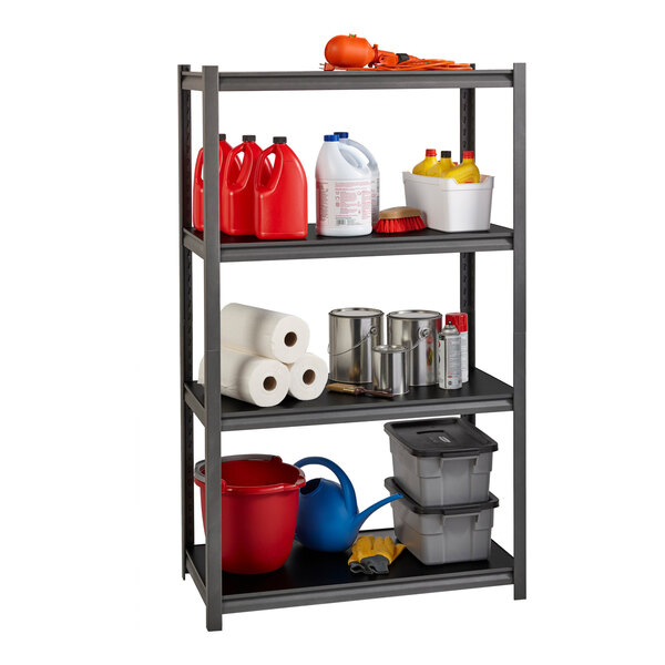 Hirsh 20995 36" x 18" x 60" Gunmetal Gray Heavy-Duty Four-Shelf Boltless Shelving Unit with Black Laminated Decking