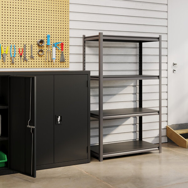 Hirsh 20995 36" x 18" x 60" Gunmetal Gray Heavy-Duty Four-Shelf Boltless Shelving Unit with Black Laminated Decking