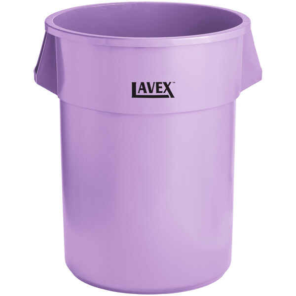 A purple plastic trash can with the word Lavex on it.