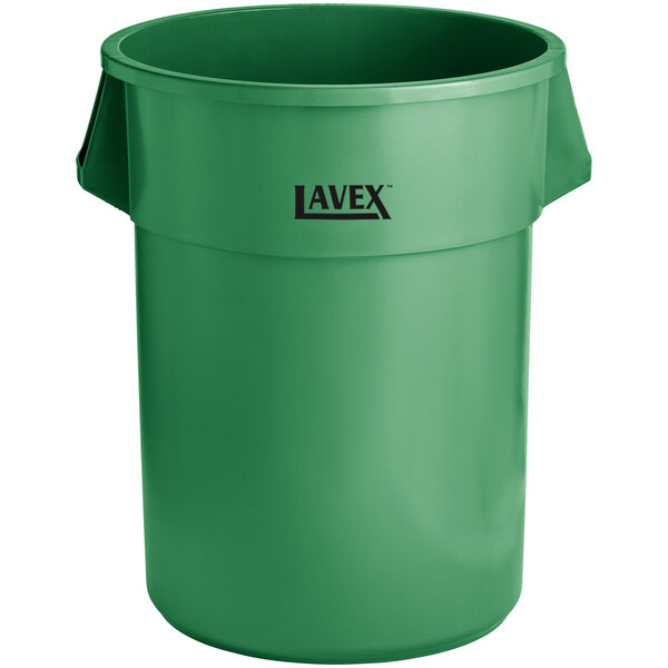 A green plastic Lavex commercial trash can.