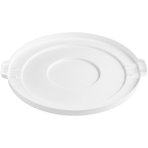 A white plastic lid for a Lavex 55 gallon round trash can with a handle and a hole in the center.