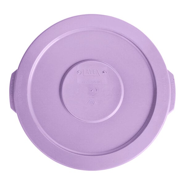 A purple plastic Lavex lid for a round trash can with handles.