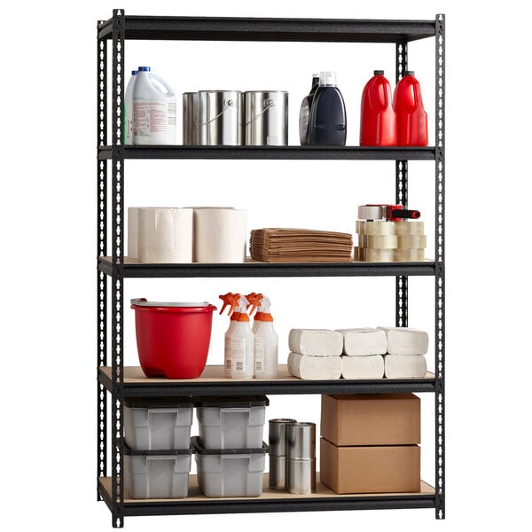 A black Hirsh Industries boltless shelving unit with particleboard shelves holding various items.