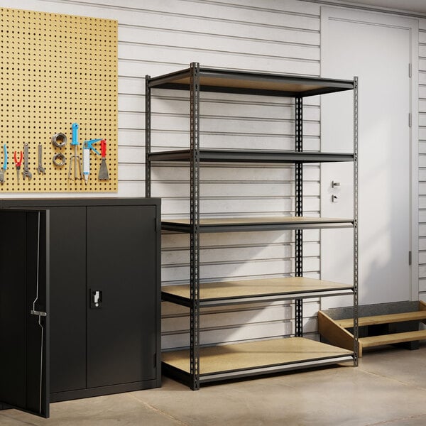 Hirsh 20994 48" x 24" x 72" Black Crinkle Heavy-Duty Five-Shelf Boltless Shelving Unit with Particleboard Decking