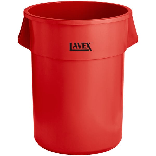 A red Lavex 55 gallon round plastic trash can with a handle.
