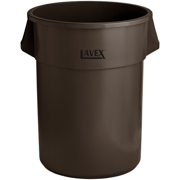 A brown Lavex plastic trash can with a round lid.