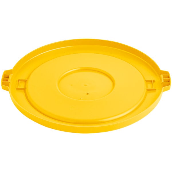 A yellow plastic lid for a Lavex 44 gallon commercial trash can.