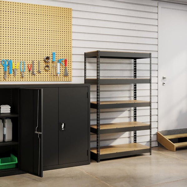 Hirsh 17126 36" x 16" x 60" Black Heavy-Duty Five-Shelf Boltless Shelving Unit with Particleboard Decking