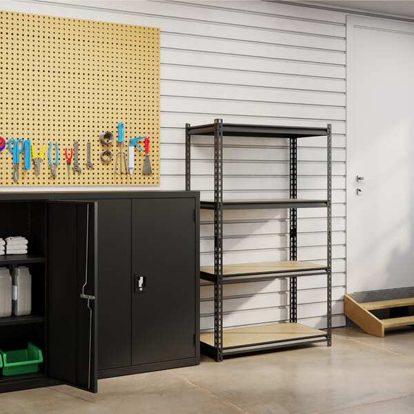 Hirsh 20991 36" x 18" x 60" Black Crinkle Heavy-Duty Four-Shelf Boltless Shelving Unit with Particleboard Decking