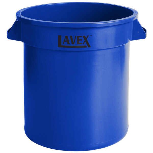 A blue Lavex round commercial trash can with black handles and black text.
