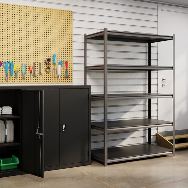 Hirsh 20998 48" x 24" x 72" Gunmetal Gray Heavy-Duty Five-Shelf Boltless Shelving Unit with Black Laminated Decking