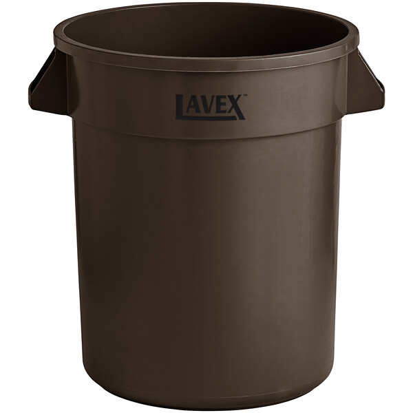 A brown plastic trash can with the word Lavex on it.