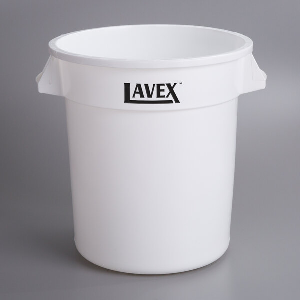 A white Lavex plastic bucket with black text.