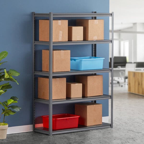 A Hirsh Industries boltless shelving unit with boxes on a shelf.