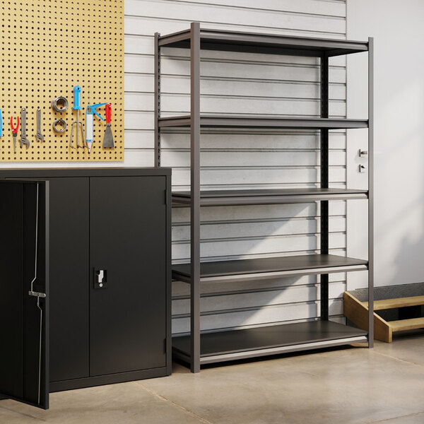Hirsh 20997 48" x 18" x 72" Gunmetal Gray Heavy-Duty Five-Shelf Boltless Shelving Unit with Black Laminated Decking