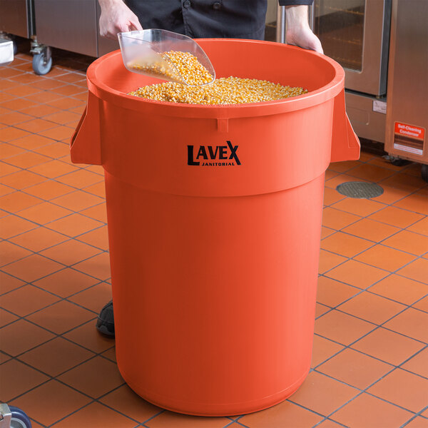 Lavex Janitorial 44 Gallon Orange Round Commercial Trash Can   1766147 