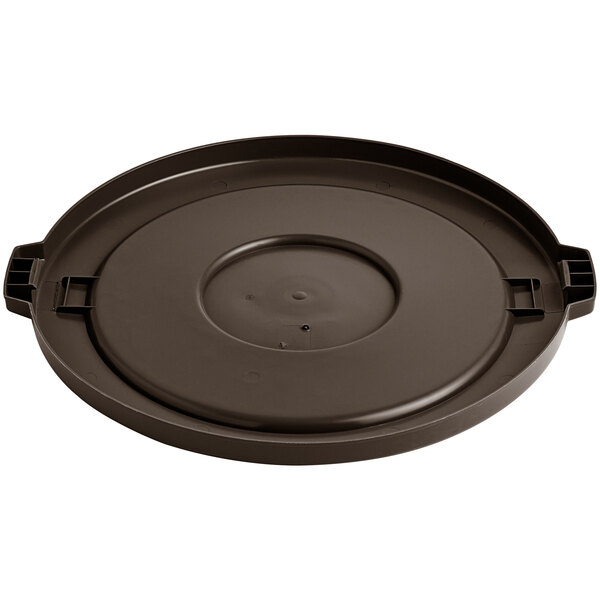 A brown round plastic lid for a Lavex 44 gallon trash can with a circle handle in the middle.
