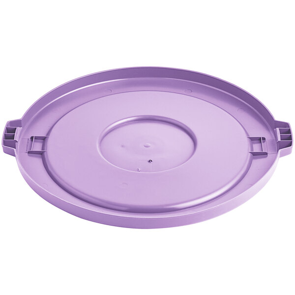 A Lavex purple plastic lid for a 44 gallon round trash can with a handle.