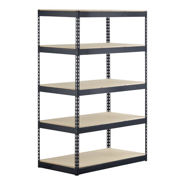 A black metal Hirsh Industries boltless shelving unit with four shelves.