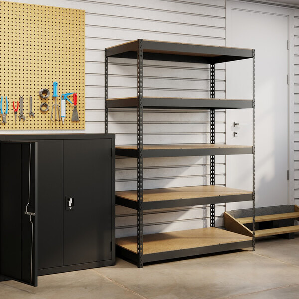 Hirsh 19453 48" x 24" x 72" Black Heavy-Duty Five-Shelf Boltless Shelving Unit with Particleboard Decking