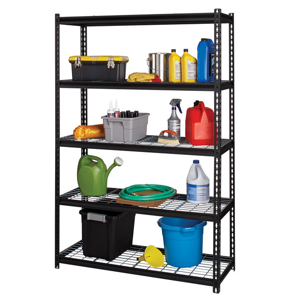 A black Hirsh Industries heavy-duty boltless metal shelving unit with wire decking holding various items.