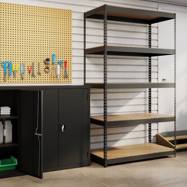 Hirsh 19454 48" x 24" x 84" Black Heavy-Duty Five-Shelf Boltless Shelving Unit with Particleboard Decking