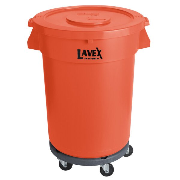 Lavex Janitorial 32 Gallon Orange Round Commercial Trash Can with Lid