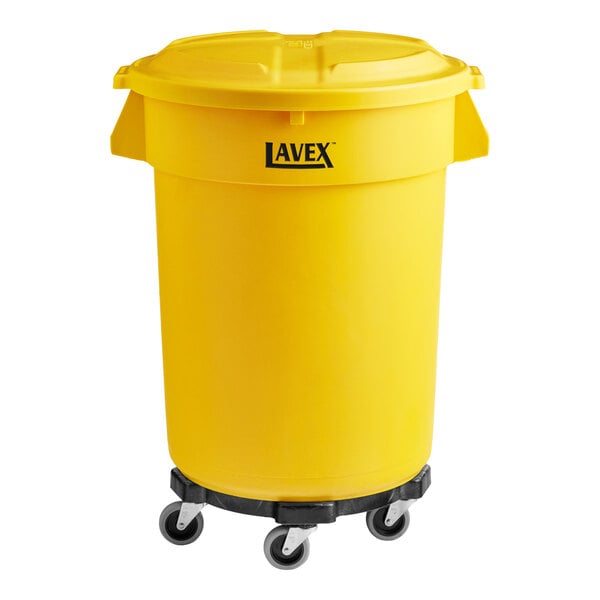 Lavex 32 Gallon Yellow Round Commercial Trash Can with Lid and Dolly