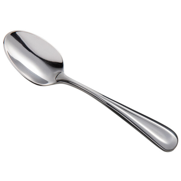 A Oneida Acclivity stainless steel demitasse spoon with a silver handle and spoon bowl.