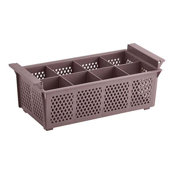 A brown plastic rack with 8 compartments and holes.