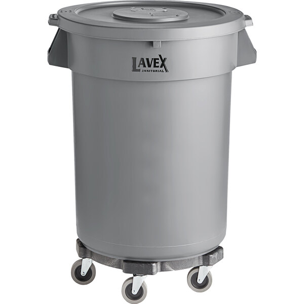 Lavex 32 Gallon Gray Round Commercial Trash Can with Lid and Dolly