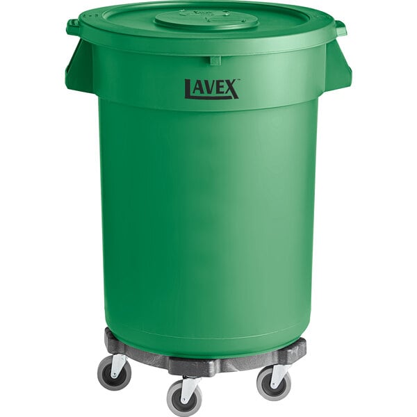 Lavex 32 Gallon Green Round Commercial Trash Can with Lid and Dolly