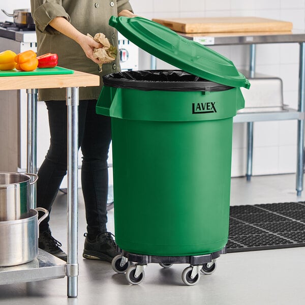 Lavex 32 Gallon Green Round Commercial Trash Can with Lid and Dolly