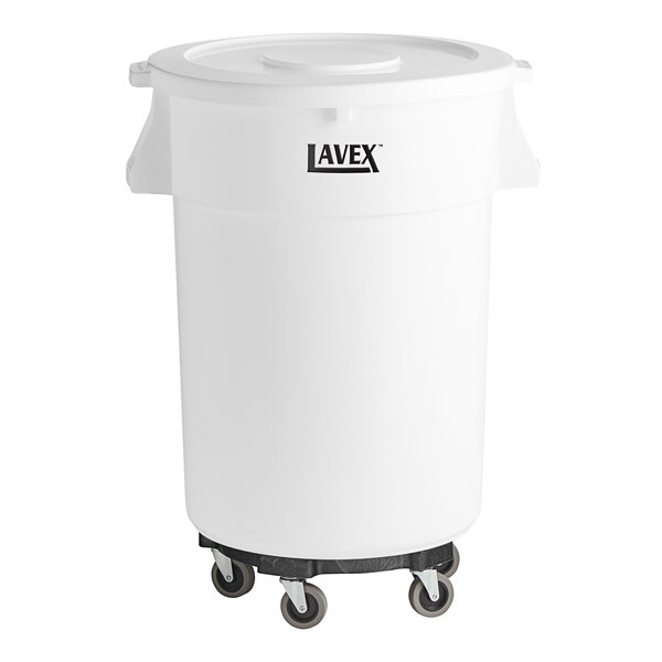 A white plastic container with wheels and a lid.