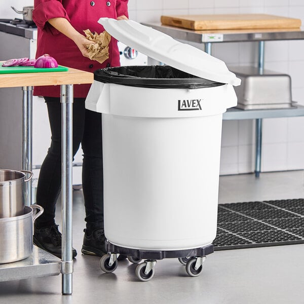 Lavex 32 Gallon White Round Commercial Trash Can with Lid and Dolly