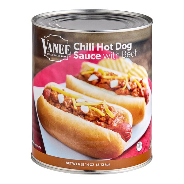 A Vanee #10 can of hot dog sauce with chili.