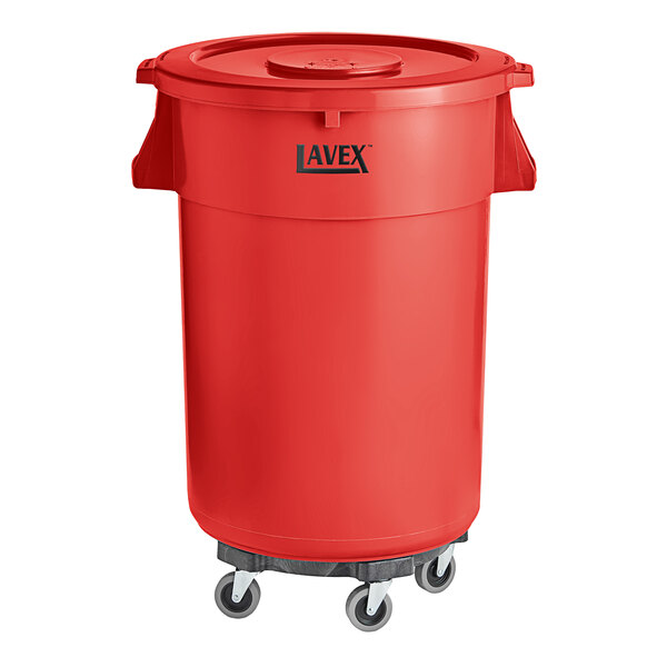 A red plastic Lavex 44 gallon trash can with wheels.