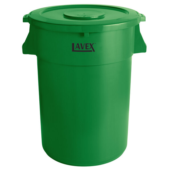 A green plastic Lavex round commercial trash can with a lid.