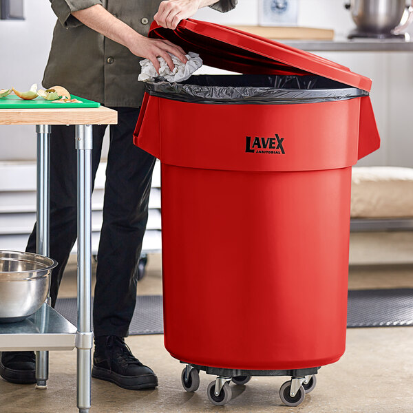 Lavex 55 Gallon Red Round Commercial Trash Can with Lid and Dolly
