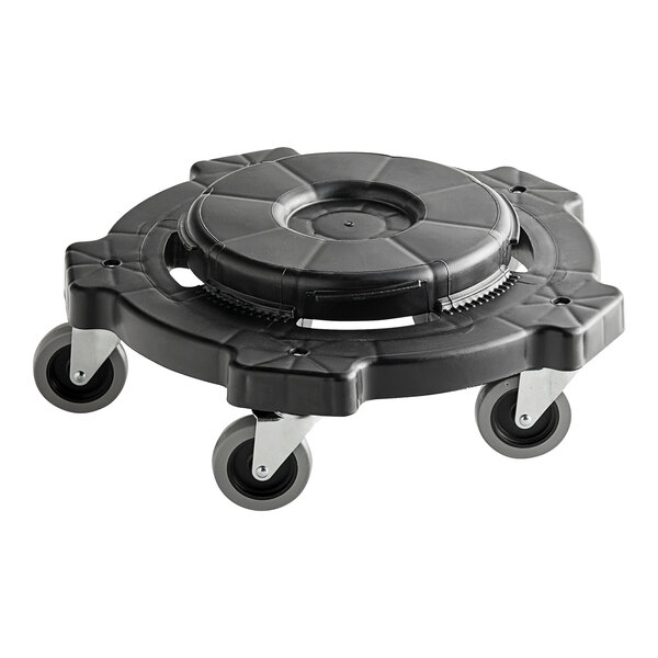 A black plastic dolly with wheels attached to a red circular trash can lid.
