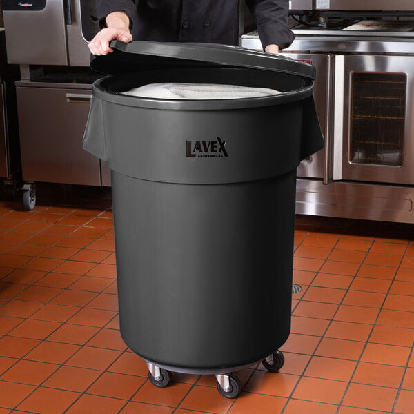 Lavex Janitorial 55 Gallon Black Round Commercial Trash Can with Lid ...