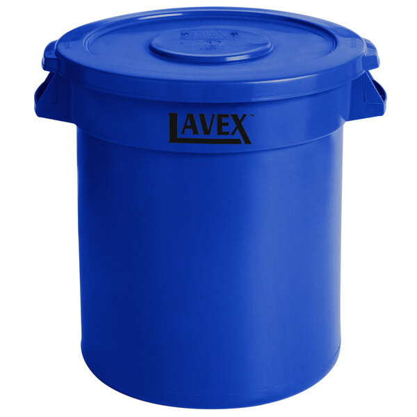 A blue plastic Lavex trash can with a lid.