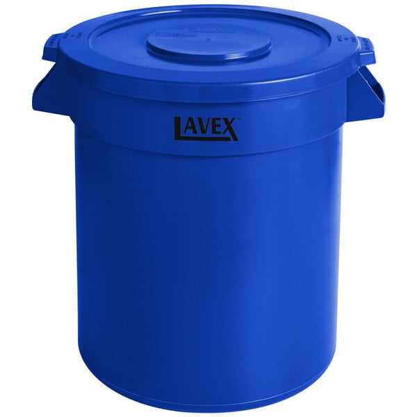 A blue Lavex round commercial trash can with the lid open.