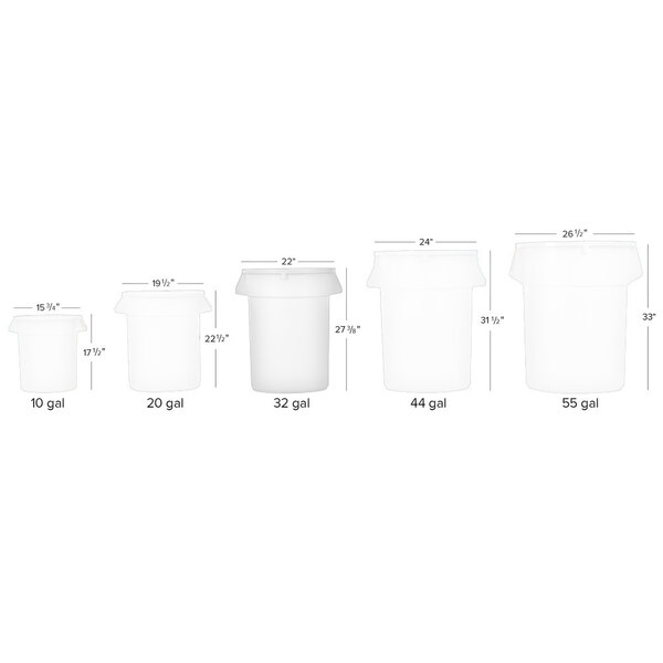A white Lavex 32 gallon commercial trash can with a lid.