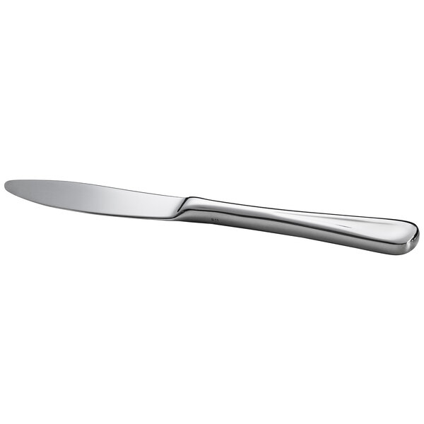 A close-up of a Oneida Acclivity stainless steel butter knife with a silver handle.